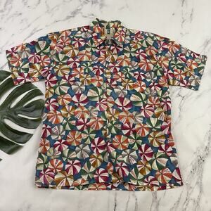 Kahala Mens Hawaiian Shirt Size M Red Blue Beach Umbrella Cotton Button Up